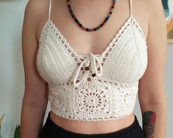 Handmade Crochet Festival Halter Top – Ecru Color – Boho Summer Bralette