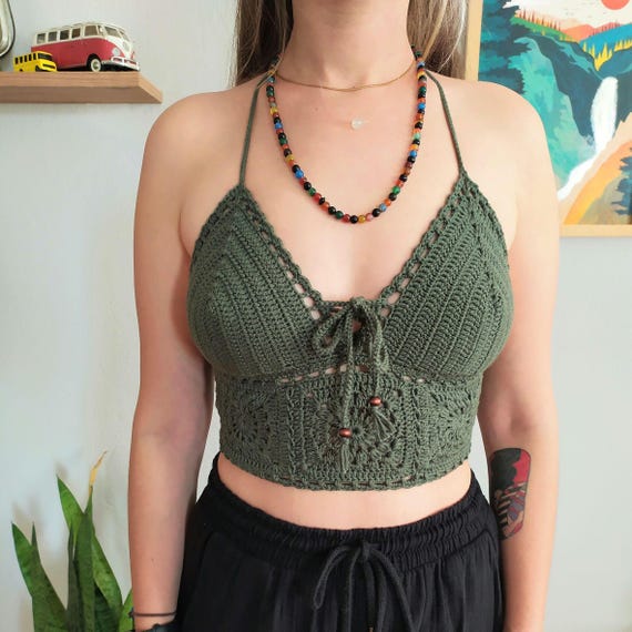 Vegan Crochet Knit Top, Green Colour Crochet Tops, Granny Vegan Crochet Knit Top, Green Colour Crochet Tops, Granny