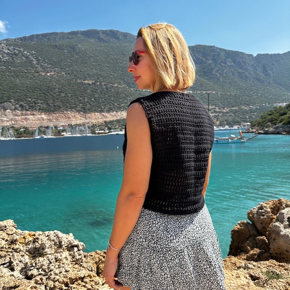 Black Crochet Mesh Vest – Handmade Y2K Lace-up Top – Boho