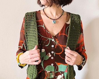 Oliwkowa kamizelka szydełkowa – ręcznie robiona bawełniana kamizelka boho, XS-M