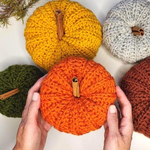 May include: A collection of five handmade crochet pumpkins in mustard yellow, light gray, dark green, bright orange, and rust brown. Each pumpkin features a textured ribbed stitch pattern and a natural cinnamon stick stem.