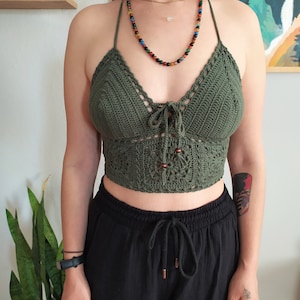 Green Crochet Tops, Granny Square Top, Vegan Crochet Knit Top, Crochet Halter Top, Summer Festival Top, Hippie Boho Top, Birthday Gifts