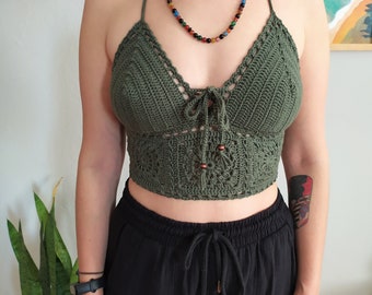 Green Crochet Tops, Granny Square Top, Vegan Crochet Knit Top, Crochet Halter Top, Summer Festival Top, Hippie Boho Top, Birthday Gifts