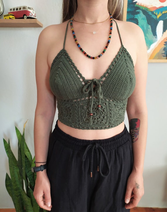 Y2K Aesthetic Floral Knitted Super Short Green Crop Top