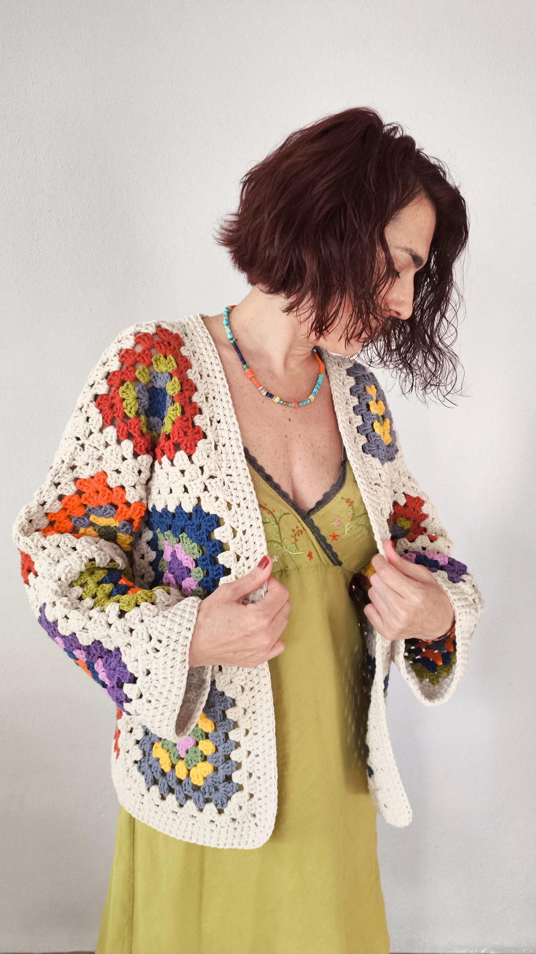 Cream Crochet Cardigan, Granny Square Short Cardigan, Colorful Cardigan