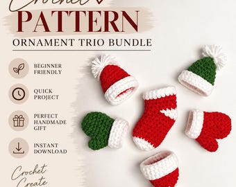 Christmas Ornament Crochet Pattern PDF, Mini Mitten Stocking Hat, Holiday Decor