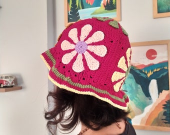 Crochet Granny Square Hat, Flower Hippi Crochet Hat, Winter
