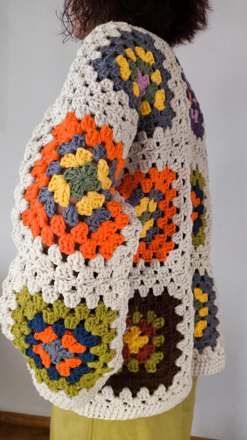 Cream Crochet Cardigan, Granny Square Short Cardigan, Colorful Cardigan