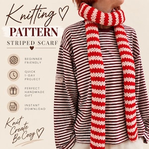 Può includere: Uno schema per lavorare a maglia una sciarpa a righe con il testo Knitting Pattern Striped Scarf, Beginner Friendly, Quick 1-Day Project, Perfect Handmade Gift, Instant Download e Knit Create Be Cozy. Una persona indossa una sciarpa a righe rosse e bianche.