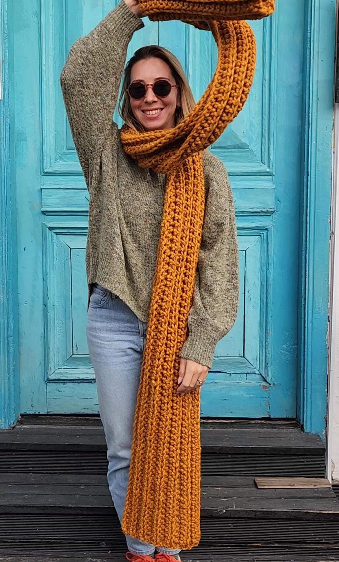 Mustard Chunky Knit Scarf – Extra Long Wool Blend, Handmade Cozy Winter ...