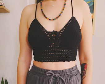 Black Crochet Halter Top – Handmade Vegan Cotton Bralette, Boho Festival Outfit