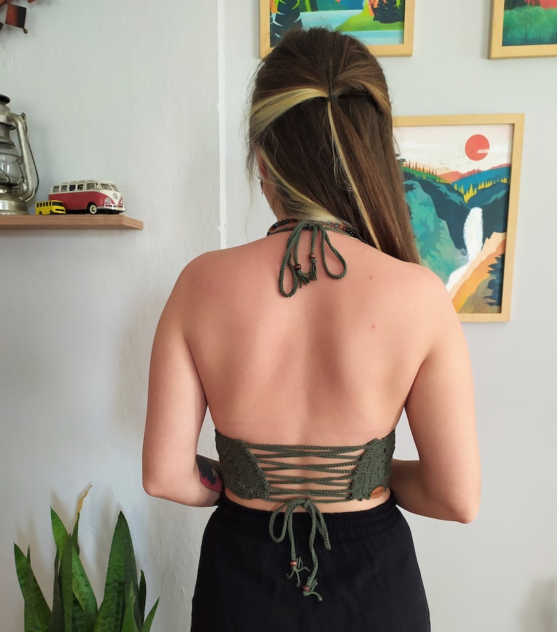 • Back view of crochet top with criss-cross ties