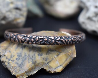 Handmade Copper Cuff Bracelet Floral Flower Patter Repurposed