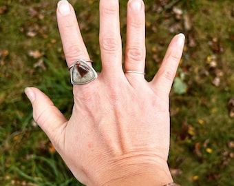 Triangle Double Band Ring Puddingstone Jasper Sterling Silver Statement  Chunky Ring Handmade