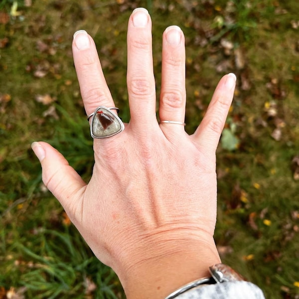 Triangle Double Band Ring Puddingstone Jasper Sterling Silver Statement  Chunky Ring Handmade