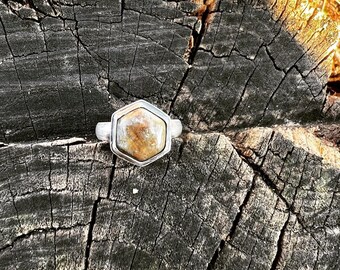 Hexagon Chrysacolla Stone Ring Silver Size 8