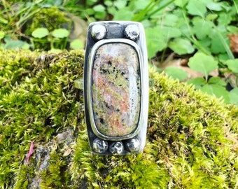 Unakite Rectangle Long Ring Size 8.25