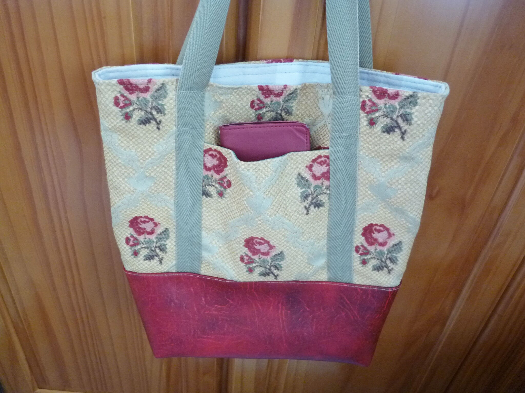Rose Patterned Tote Bag With Red Faux Leather Base