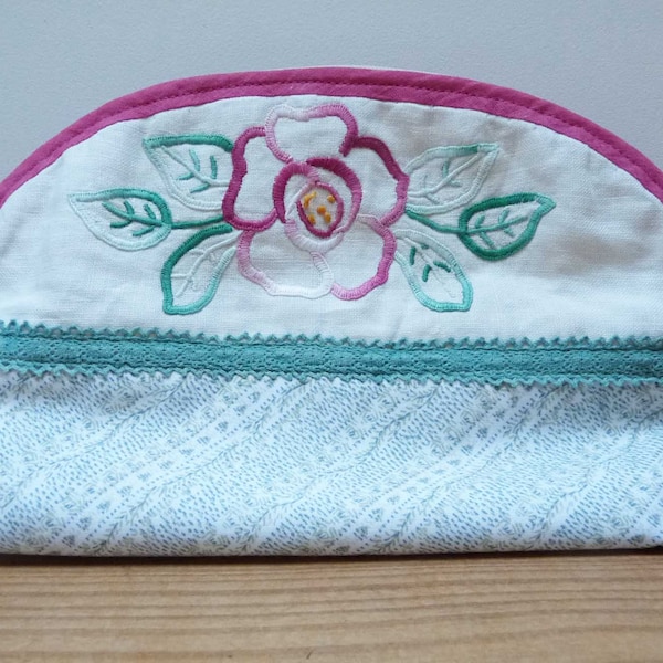 Cosmetic bag, makeup bag, toilet bag,  handmade from vintage, hand embroidered fabric. Measures 10" x 6" x 3" (26 x 15 x 7.5 cm)