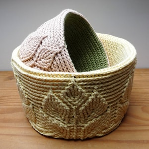Crochet Storage Basket Pattern: Embossed Leaf Design (PDF Download)