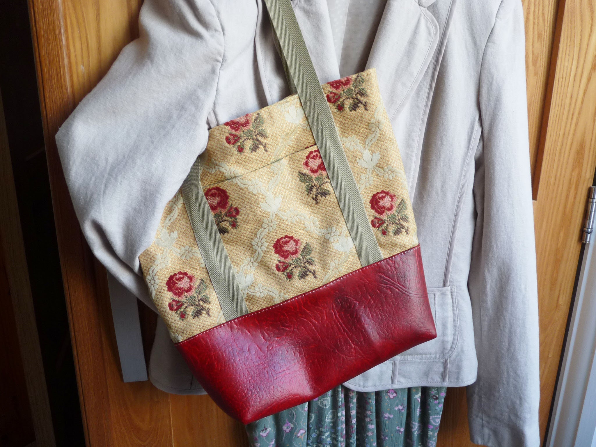 Rose Patterned Tote Bag With Red Faux Leather Base