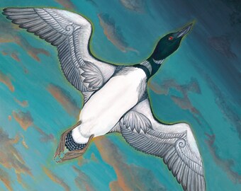 May include: A painting of a loon flying in a blue sky with white clouds. The loon has a black head and neck, a white body, and gray wings. The loon's red eyes are visible.
