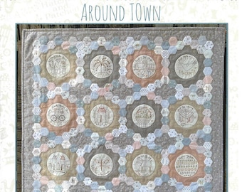 Around Town by Anne Downs of Hatched and Patched - 32"x36" English Paper Piecing and Stitchery
