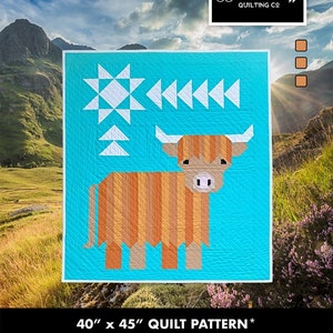 May include: A quilt pattern featuring a Highland cow with a blue background and white stars. The pattern is called "Cattle Call" and is a 40" x 45" quilt pattern.