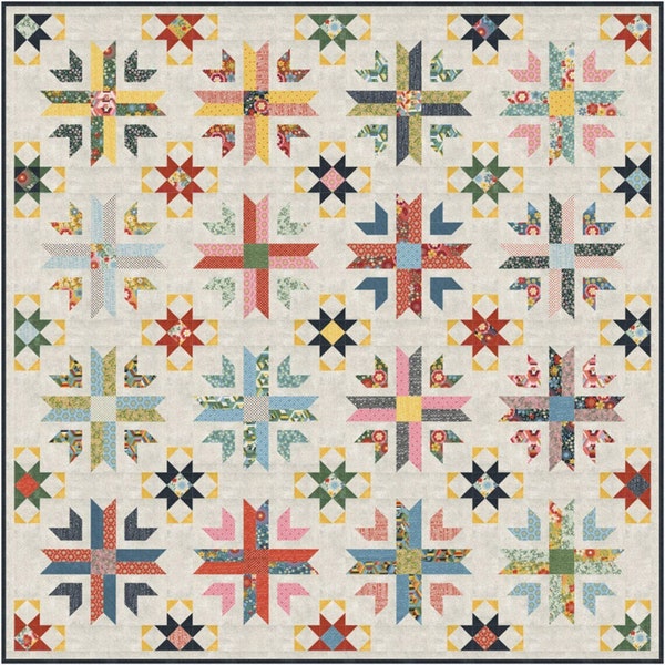 Frankie Quilt Kit BasicGrey Moda Precuts featuring unique floral shapes in red, blue, gold fabric
