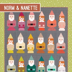 May include: A patchwork quilt pattern featuring a design of 18 gnomes, with alternating red, white, and blue hats. The pattern is titled "Norm & Nanette" and is by Elizabeth Hartman.