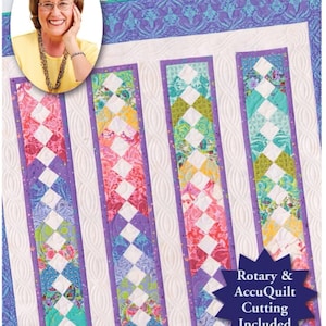 May include: A quilt pattern featuring a blended braid design with purple, white, and pink fabric. The pattern is titled "Blended Braid Quilt" and includes instructions for rotary and AccuQuilt cutting.