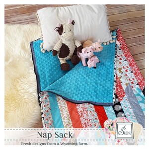 May include: A nap sack featuring a bright turquoise minky dot interior and a multi-colored striped exterior with various patterns. It includes a white pillow with pom-pom trim, a plush cow, and three small plush pigs. Text reads: Nap Sack.