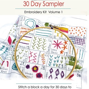 30 Day Sampler Embroidery Kit, Stitching Block Quide, Pre Printed Fabric, Supplies, Stitch Guide and Access to Videos are Included