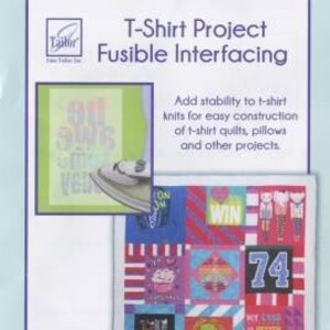 May include: June Tailor T-Shirt Project Fusible Interfacing package featuring a white background with blue text. The packaging displays a quilt made of various t-shirt squares and an inset image of an iron on fabric. Dimensions are 58/60 inches by 72 inches.
