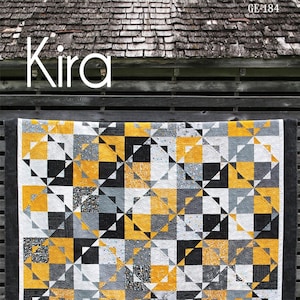 May include: A quilt pattern called "Kira" with a 10-inch square quilt block design. The quilt is made with black, white, gray, and yellow fabric. The pattern is called "Stripology Squared Ruler".