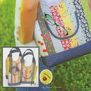 May include: A sewing pattern for a tote bag called "Feed Sacks". The pattern is jelly roll friendly and features a colorful striped design with a denim trim. The pattern is by Fig Tree & Co. by Joanna Figueroa.