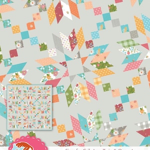 May include: A quilt pattern called "Upbeat" designed by Jocelyn Ueng. The pattern features a colorful patchwork design with a variety of floral and geometric prints. The quilt is available in sizes for crib, lap, twin, and queen.