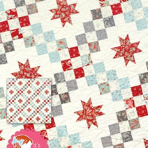 May include: A quilt pattern called "Castle Courtyard" designed by Jocelyn Ueng. The pattern features a white background with red, blue, and gray squares and stars. The quilt is quilted with a swirling pattern. The image also includes a logo for "It's Sew Emma".