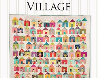 May include: A quilt pattern called "Village" by Jumble, Miss Rosie's Quilt Co. The pattern is a charm pack mash-up and features a design of colorful houses. The finished quilt size is 69 inches by 75 1/2 inches.
