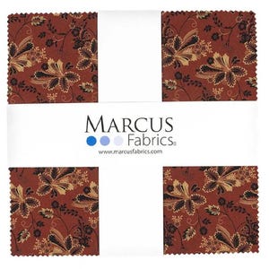 May include: Four square fabric pieces with a repeating floral pattern in shades of brown, tan, and black. The fabric is from Marcus Fabrics, as indicated by the logo and website address printed on the white label.
