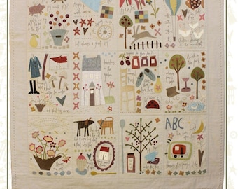 Könnte beinhalten: Ein farbenfrohes Quiltmuster mit einer Vielzahl von skurrilen Szenen, darunter tanzende Hühner, fliegende Schweine, ein Haus, ein Baum und ein roter Lastwagen. Der Quilt trägt den Titel "Dancing Chickens & Flying Pigs" und wurde von Hatched and Patched entworfen.