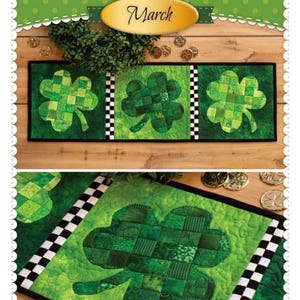 May include: A green patchwork shamrock table runner with a black and white checkered border. The runner is made of fabric scraps in various shades of green. The text "Patchwork Accent Runner Shamrocks March" is at the top of the image. The text "Shabby Fabrics.com" is at the bottom of the image.