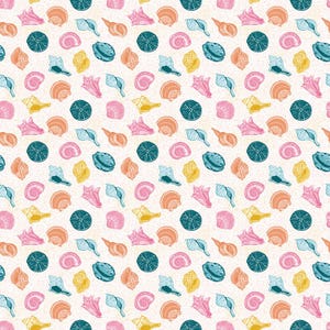 May include: A repeating pattern of seashells and sea urchins in shades of pink, orange, yellow, teal, and blue on a textured off-white background. The design features various shell shapes and circular sea urchin illustrations.