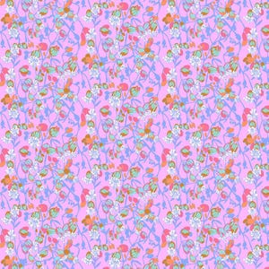 May include: A repeating pattern of stylized flowers and foliage in shades of pink, blue, orange, and white. The design features delicate floral elements and a soft, pastel color palette, creating a visually appealing and intricate pattern.