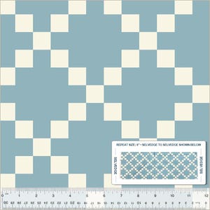 May include: A repeating pattern of alternating light blue and off-white squares. The pattern is shown on a light blue background with a ruler and a close-up of the pattern's selvedge edge. The selvedge edge shows a repeating pattern of white diamonds on a light blue background. The text "REPEAT SIZE: 6" SELVEDGE TO SELVEDGE SHOWN BELOW" is printed below the selvedge edge.