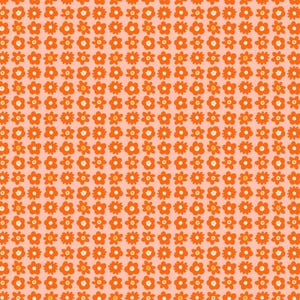 May include: A repeating pattern of orange flowers with white centers on a light pink background. The flowers are evenly spaced and create a cheerful, retro design. This floral pattern is suitable for fabric, wallpaper, or other decorative applications.