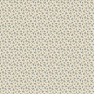 May include: A seamless pattern featuring a cream-colored background with a delicate floral design. Tiny blue flowers with green leaves are scattered across the fabric, creating a vintage, cottagecore aesthetic. The pattern is suitable for various craft projects.