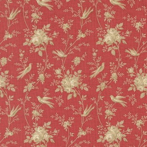 May include: A repeating pattern of beige birds, roses, and foliage on a red background. The design features detailed floral and avian elements, creating a classic, vintage aesthetic. The fabric has a textured appearance.
