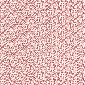 May include: A repeating pattern of red leaves and branches on a white background. The leaves are small and oval-shaped, and the branches are thin and delicate. The overall effect is a dense, textured design, suitable for fabric or wallpaper.