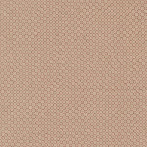 May include: A close-up of a tan fabric with a repeating pattern of small, red circles. The circles are evenly spaced and create a textured appearance. The fabric has a subtle, woven texture.